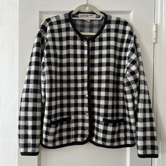 Vintage black white check plaid houndstooth cardigan lady jacket round neck - Picture 2 of 15